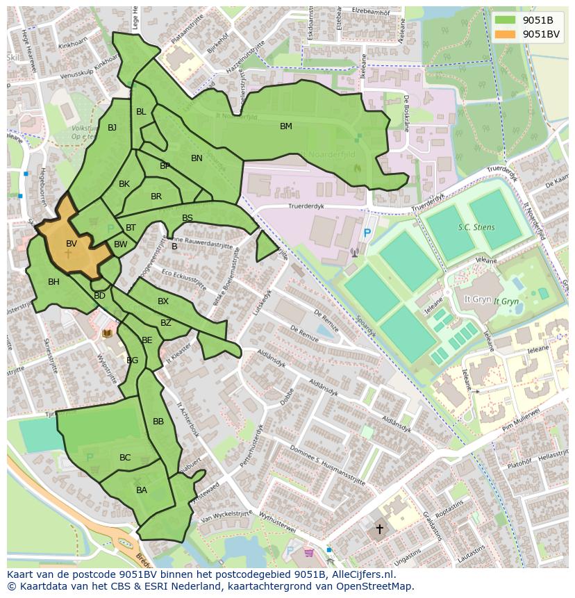 Afbeelding van het postcodegebied 9051 BV op de kaart.