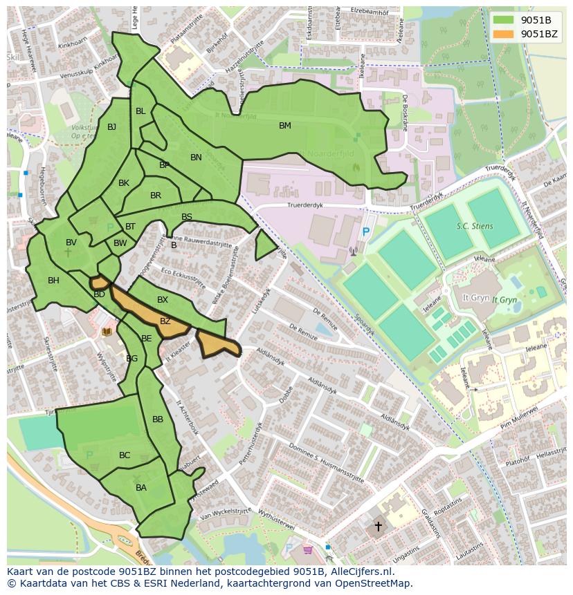 Afbeelding van het postcodegebied 9051 BZ op de kaart.