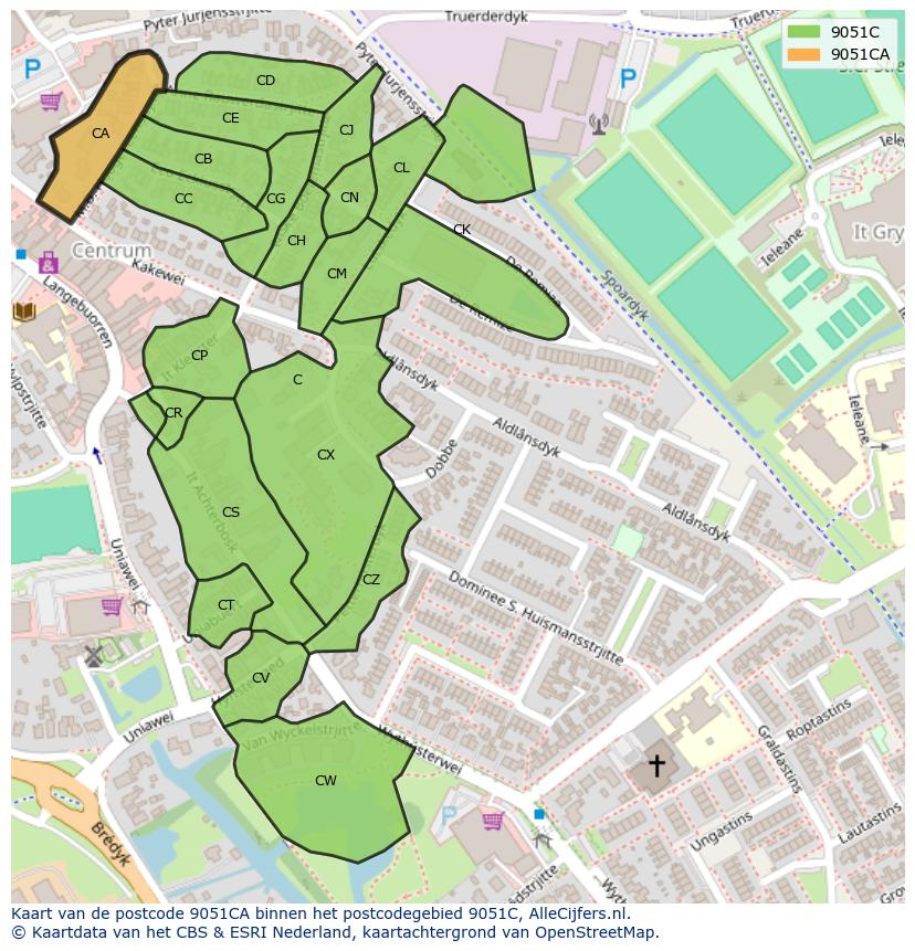 Afbeelding van het postcodegebied 9051 CA op de kaart.