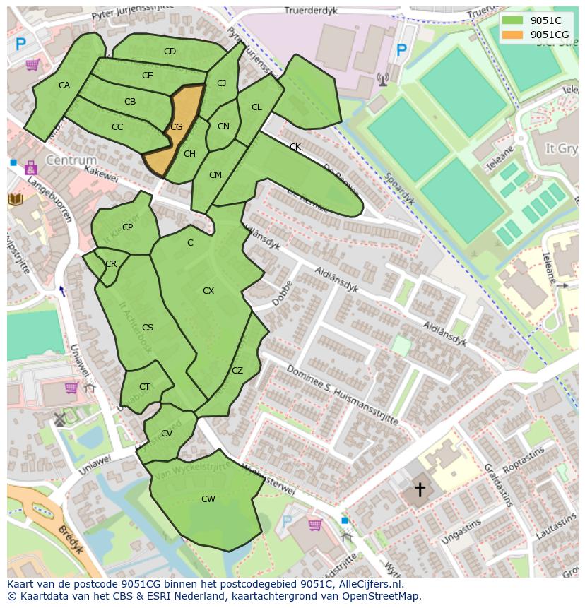 Afbeelding van het postcodegebied 9051 CG op de kaart.