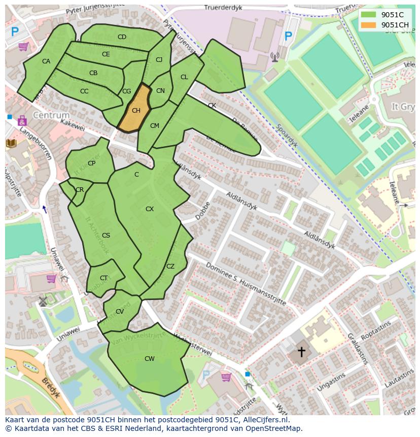 Afbeelding van het postcodegebied 9051 CH op de kaart.