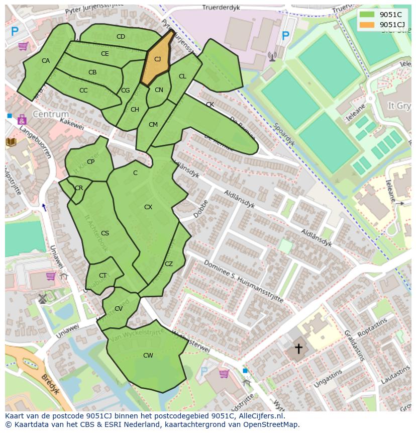 Afbeelding van het postcodegebied 9051 CJ op de kaart.
