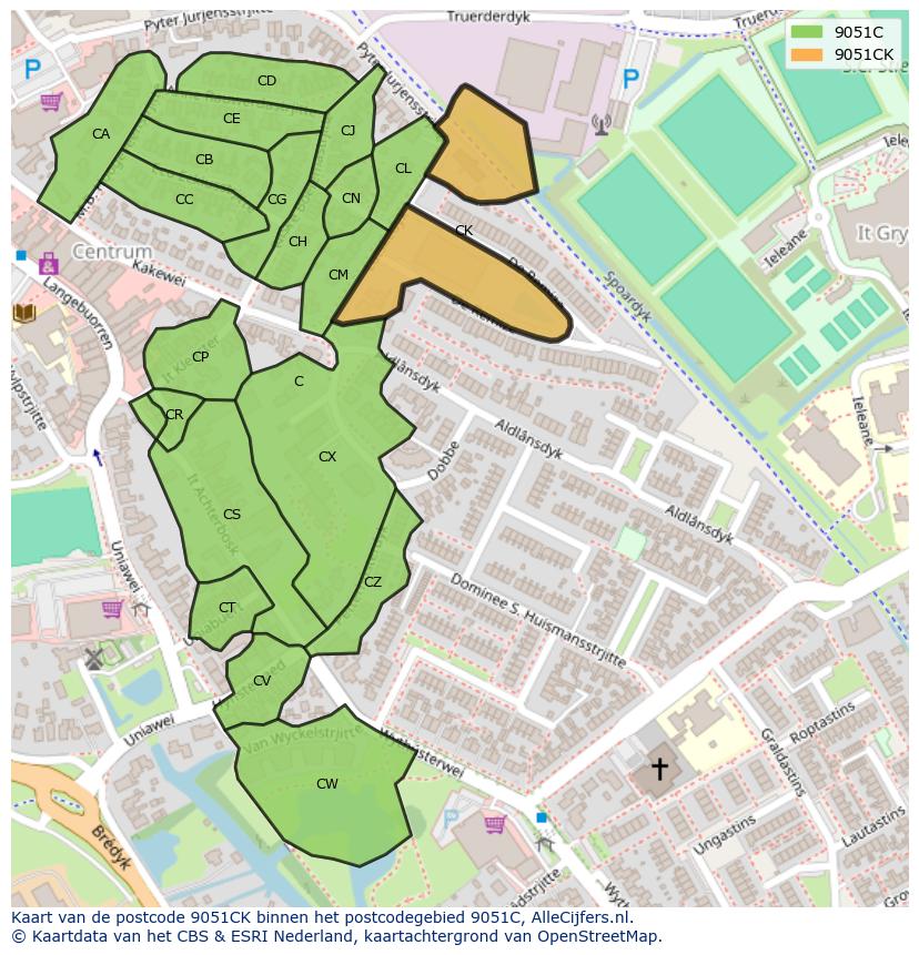 Afbeelding van het postcodegebied 9051 CK op de kaart.