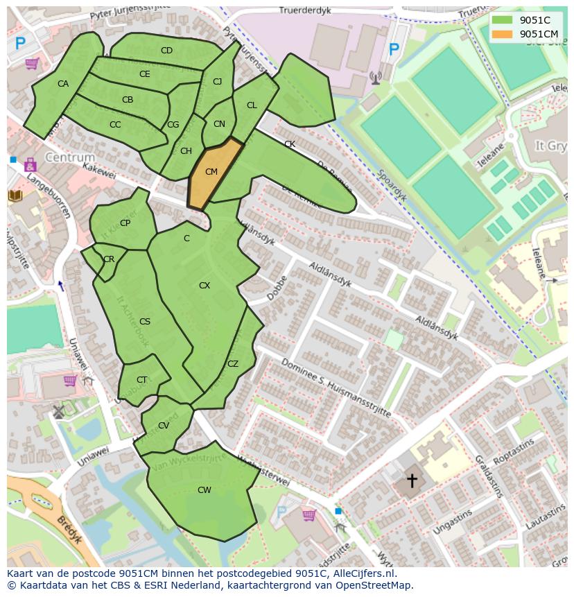 Afbeelding van het postcodegebied 9051 CM op de kaart.