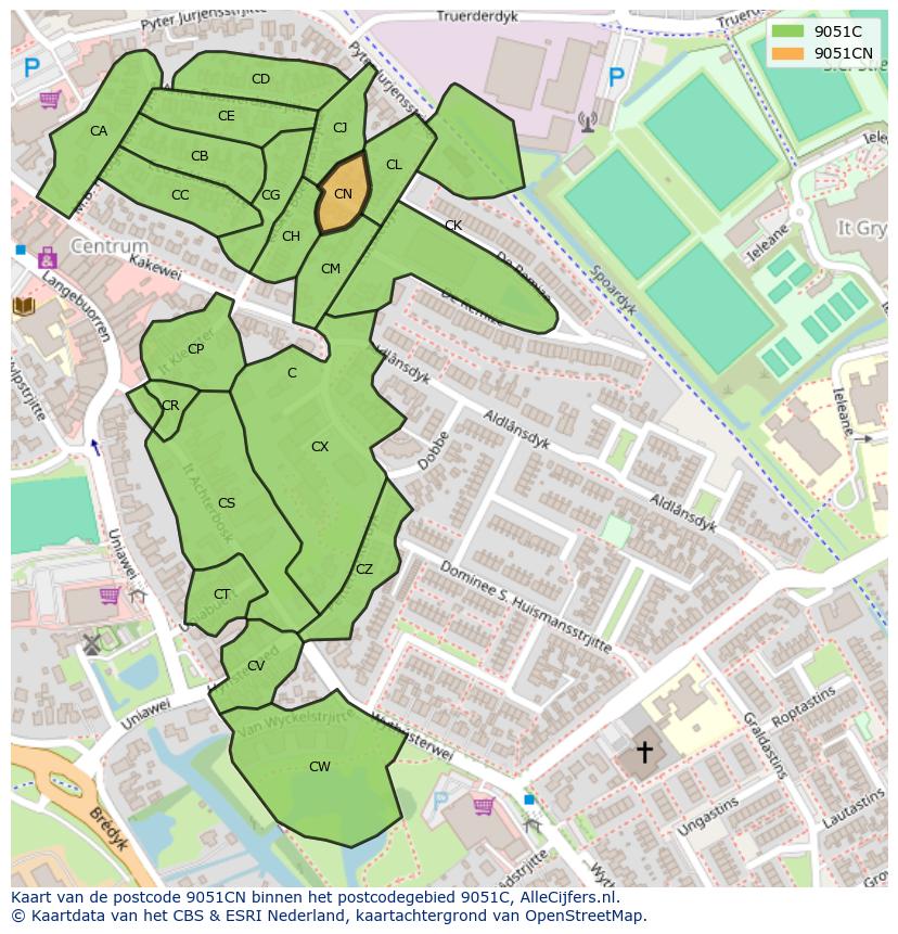 Afbeelding van het postcodegebied 9051 CN op de kaart.