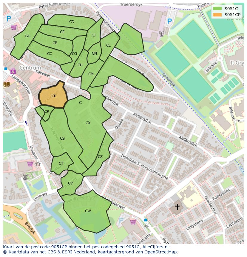 Afbeelding van het postcodegebied 9051 CP op de kaart.
