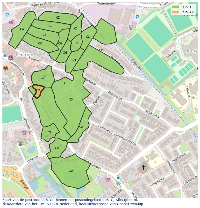 Afbeelding van het postcodegebied 9051 CR op de kaart.