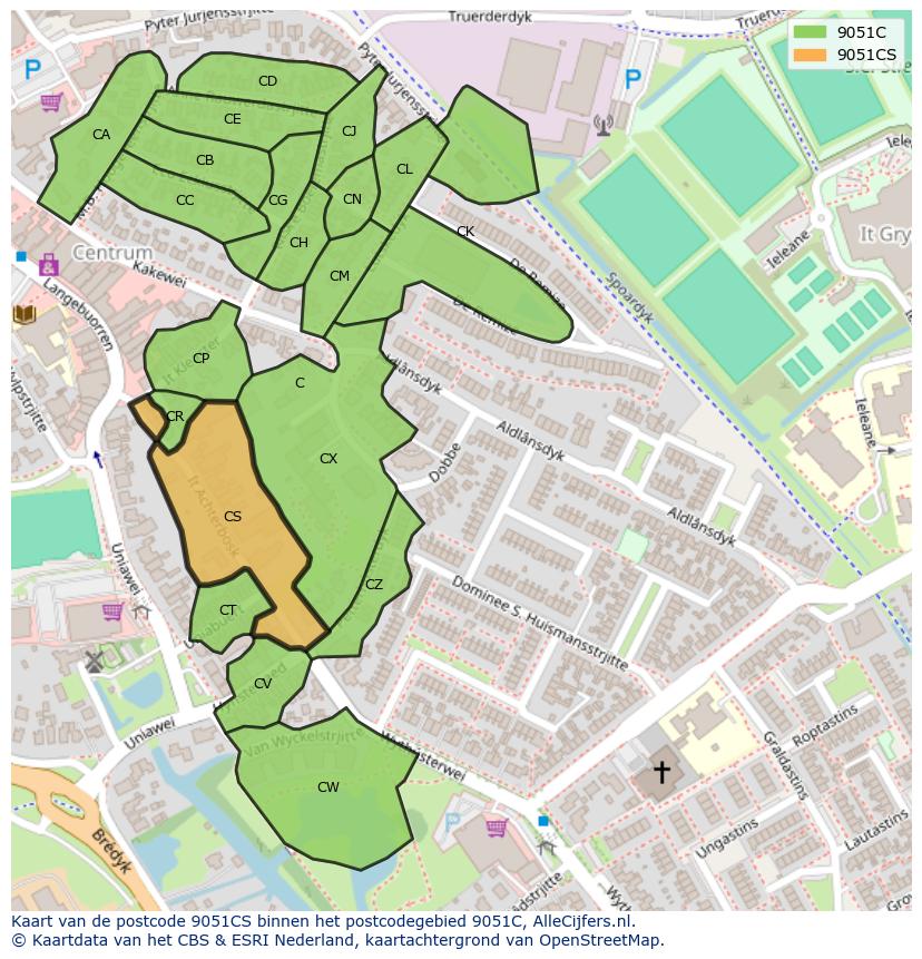 Afbeelding van het postcodegebied 9051 CS op de kaart.