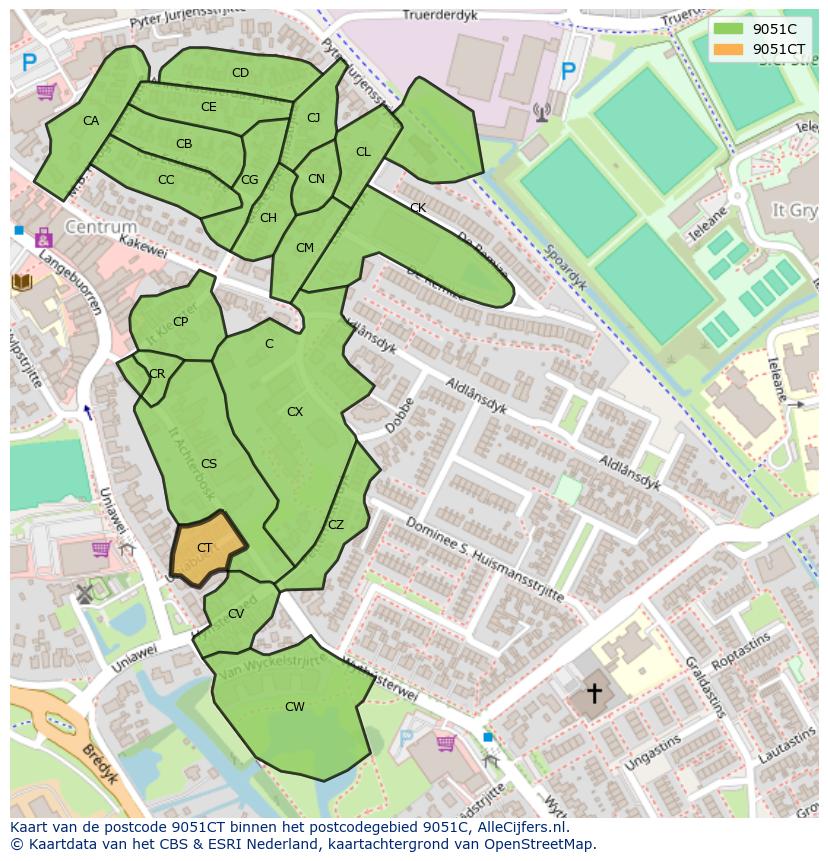 Afbeelding van het postcodegebied 9051 CT op de kaart.