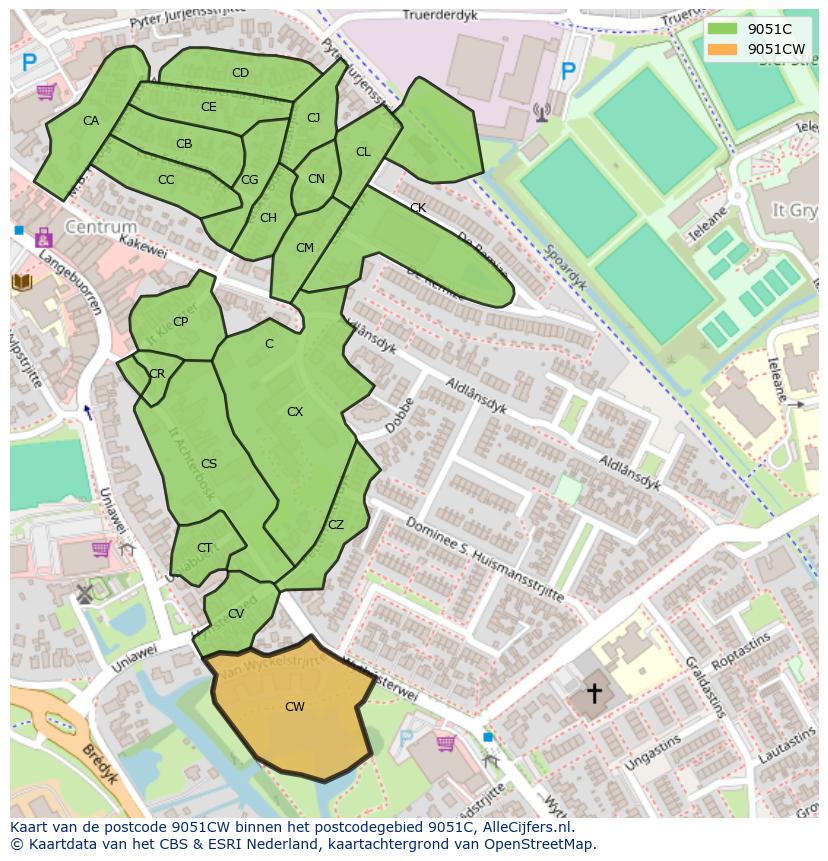 Afbeelding van het postcodegebied 9051 CW op de kaart.