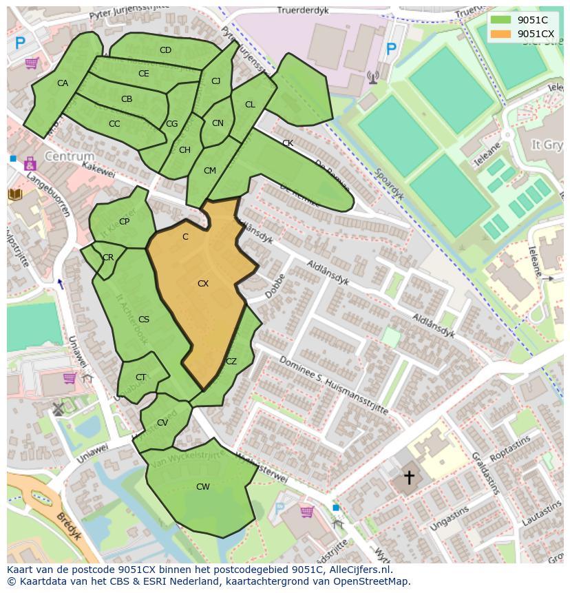Afbeelding van het postcodegebied 9051 CX op de kaart.