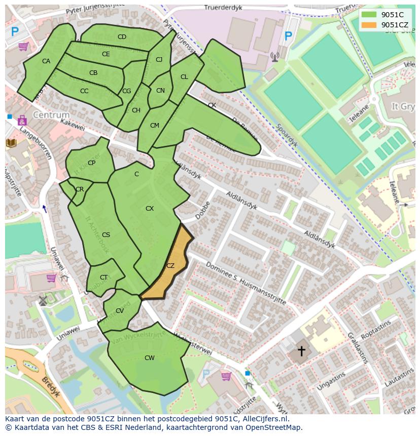 Afbeelding van het postcodegebied 9051 CZ op de kaart.