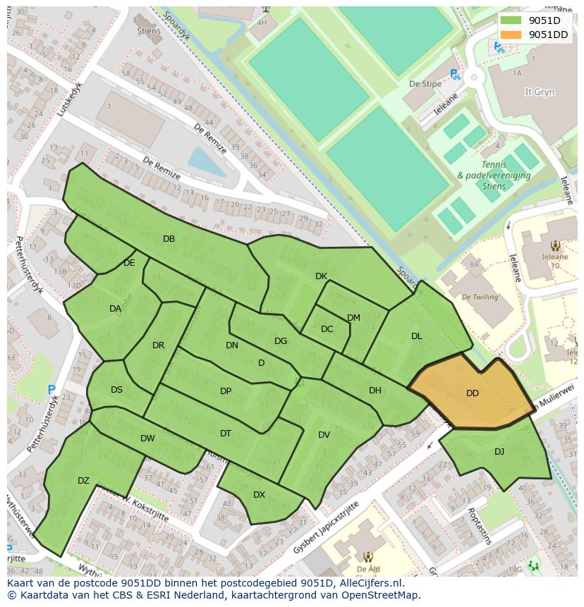 Afbeelding van het postcodegebied 9051 DD op de kaart.