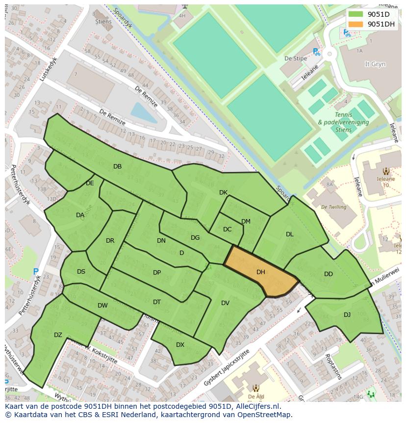 Afbeelding van het postcodegebied 9051 DH op de kaart.