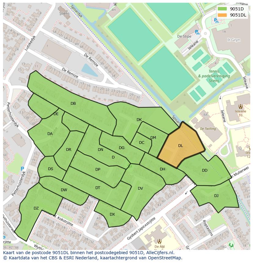 Afbeelding van het postcodegebied 9051 DL op de kaart.