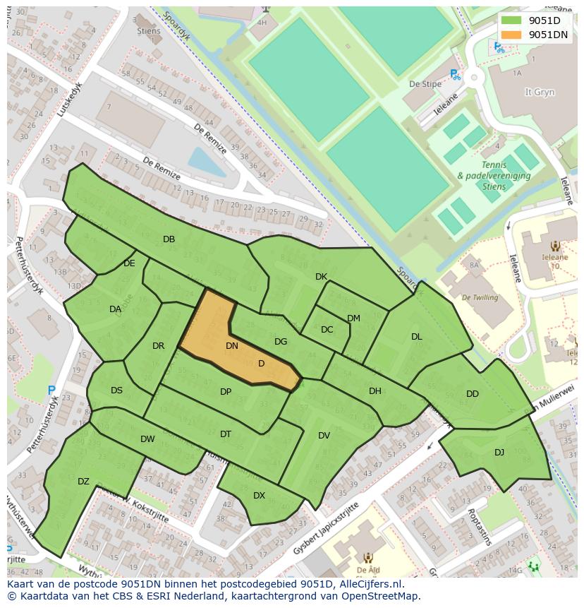 Afbeelding van het postcodegebied 9051 DN op de kaart.