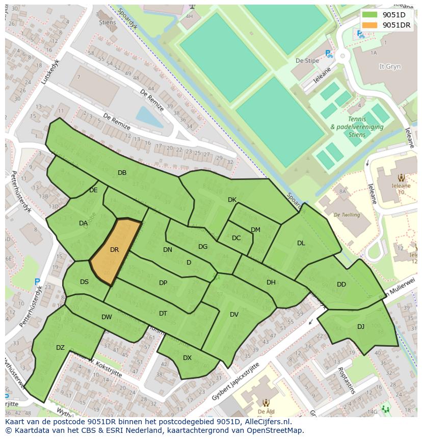 Afbeelding van het postcodegebied 9051 DR op de kaart.