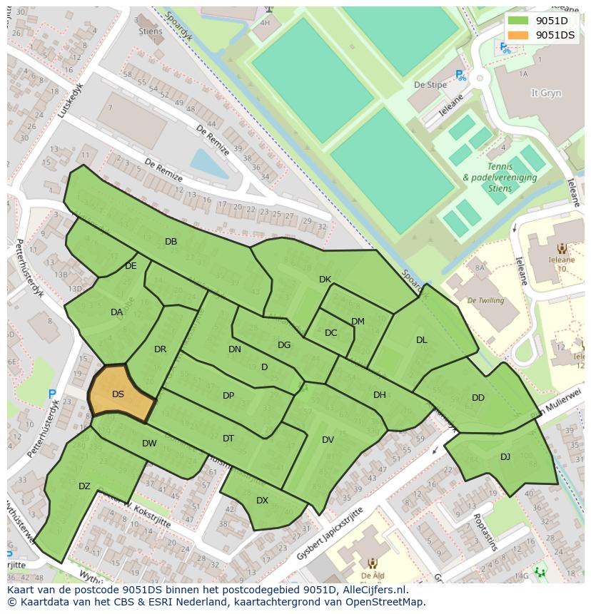 Afbeelding van het postcodegebied 9051 DS op de kaart.