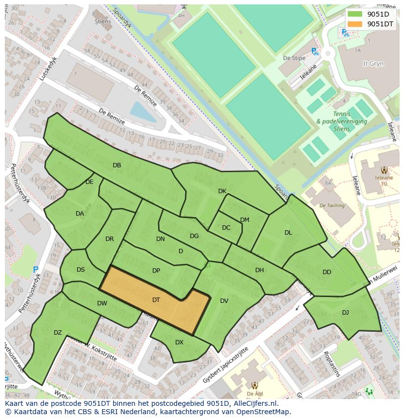 Afbeelding van het postcodegebied 9051 DT op de kaart.