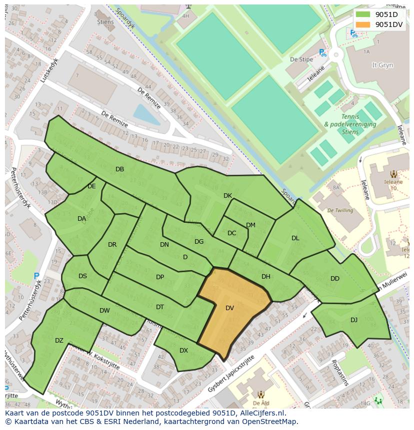 Afbeelding van het postcodegebied 9051 DV op de kaart.