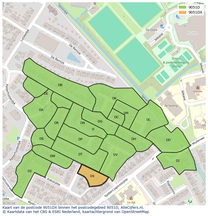Afbeelding van het postcodegebied 9051 DX op de kaart.