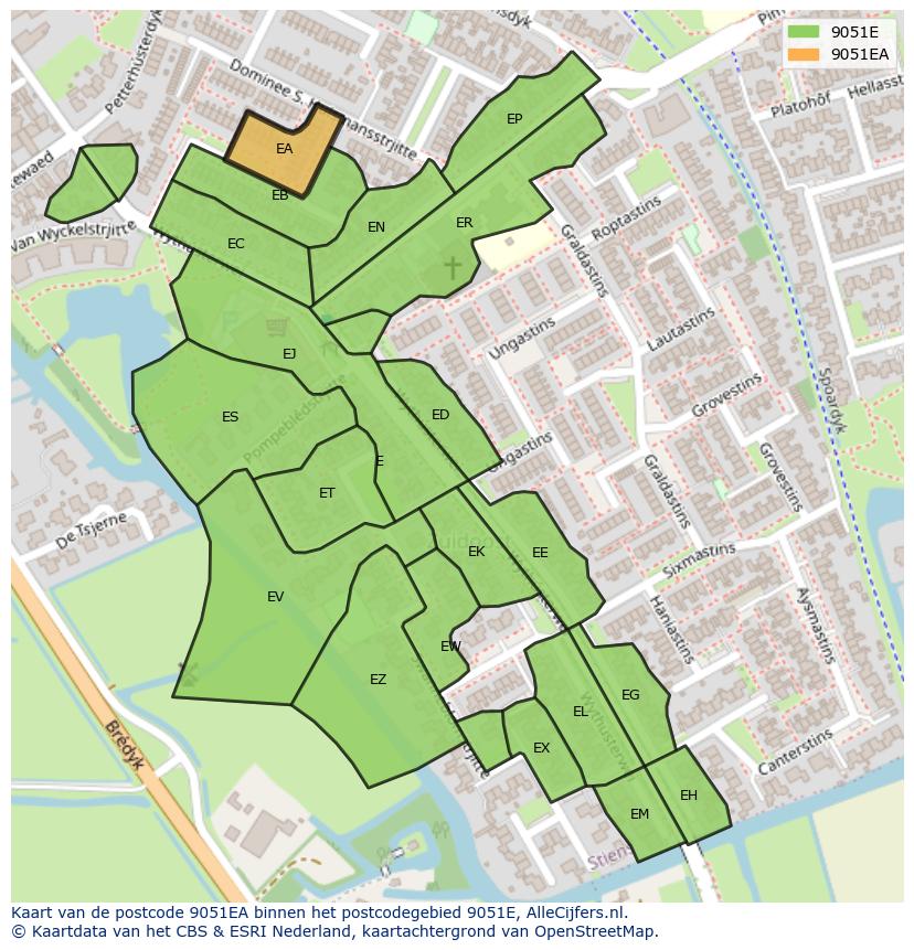 Afbeelding van het postcodegebied 9051 EA op de kaart.