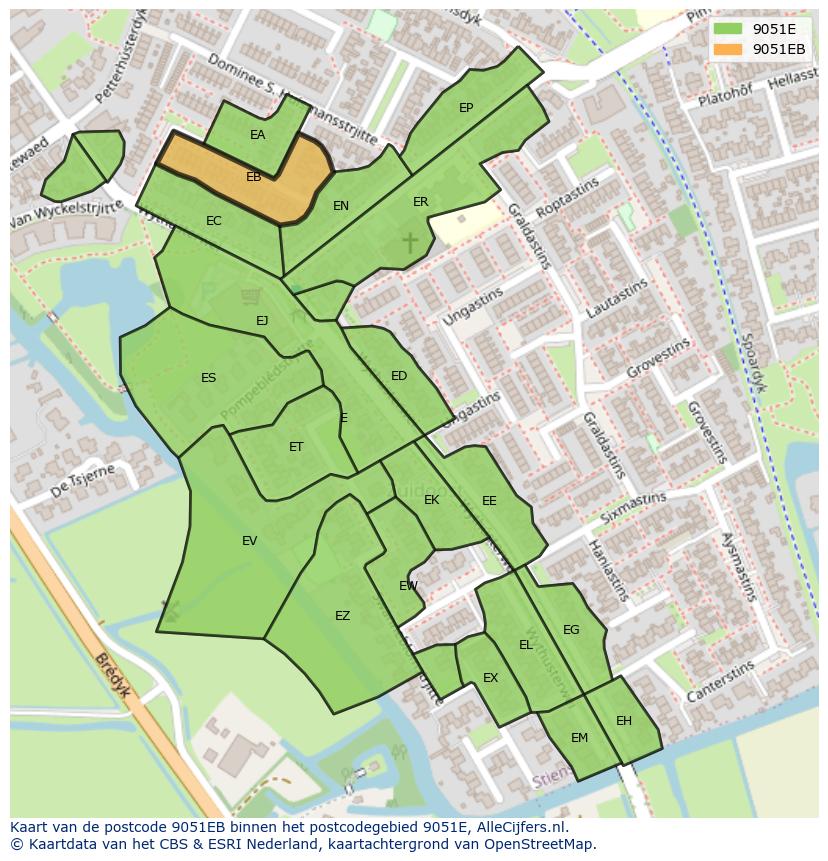 Afbeelding van het postcodegebied 9051 EB op de kaart.