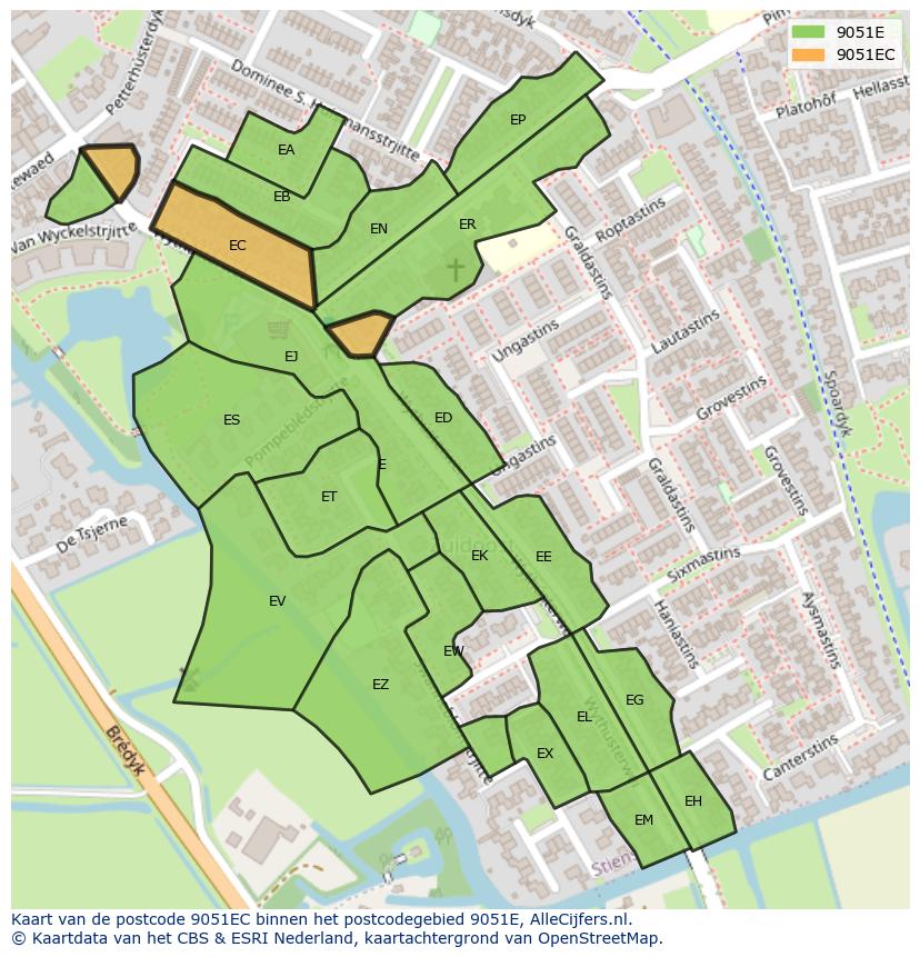 Afbeelding van het postcodegebied 9051 EC op de kaart.