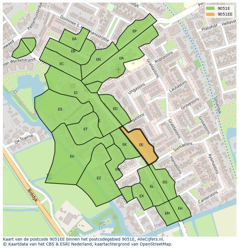 Afbeelding van het postcodegebied 9051 EE op de kaart.