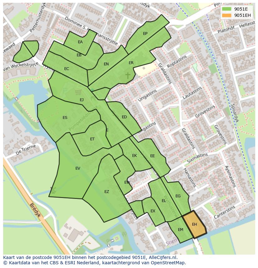 Afbeelding van het postcodegebied 9051 EH op de kaart.