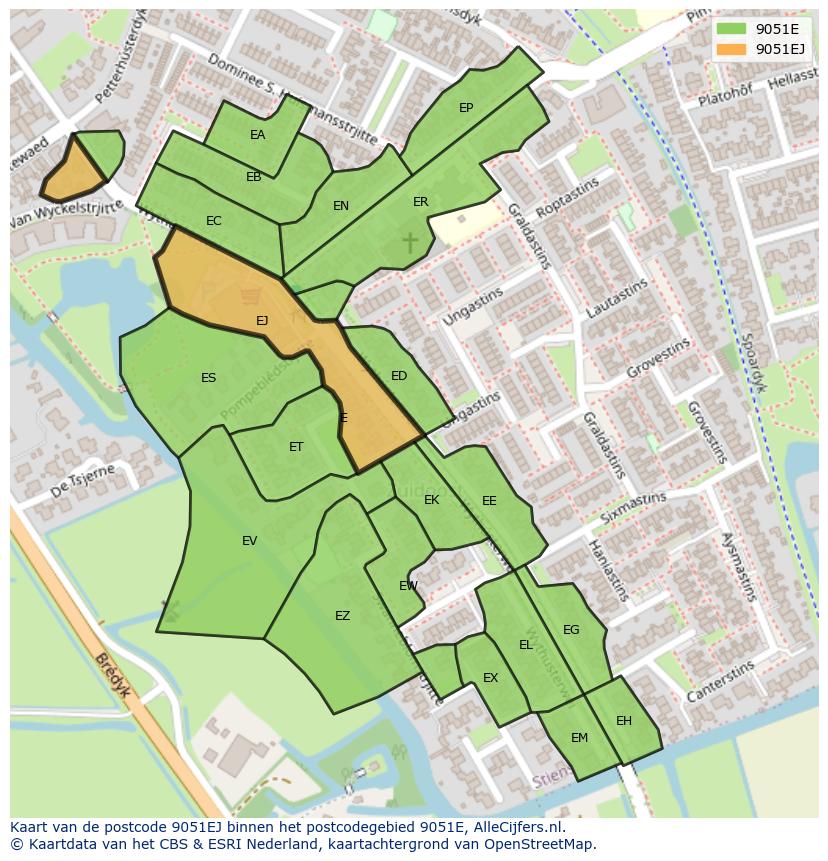 Afbeelding van het postcodegebied 9051 EJ op de kaart.