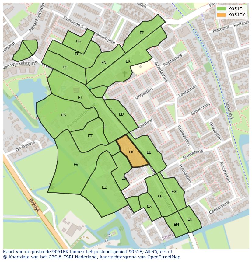 Afbeelding van het postcodegebied 9051 EK op de kaart.