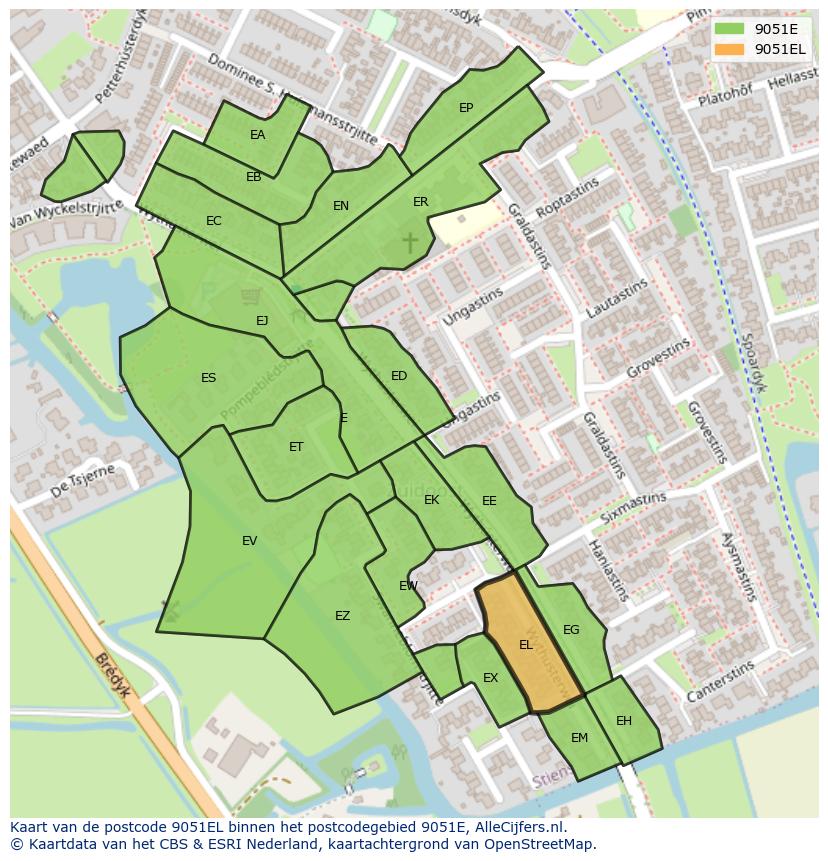 Afbeelding van het postcodegebied 9051 EL op de kaart.