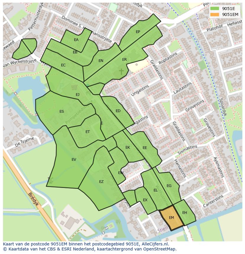 Afbeelding van het postcodegebied 9051 EM op de kaart.