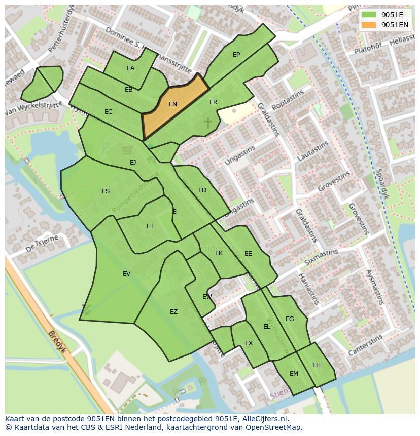 Afbeelding van het postcodegebied 9051 EN op de kaart.