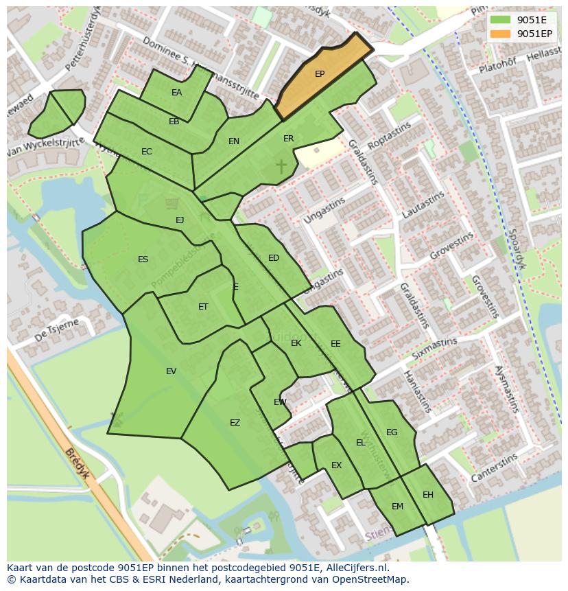 Afbeelding van het postcodegebied 9051 EP op de kaart.