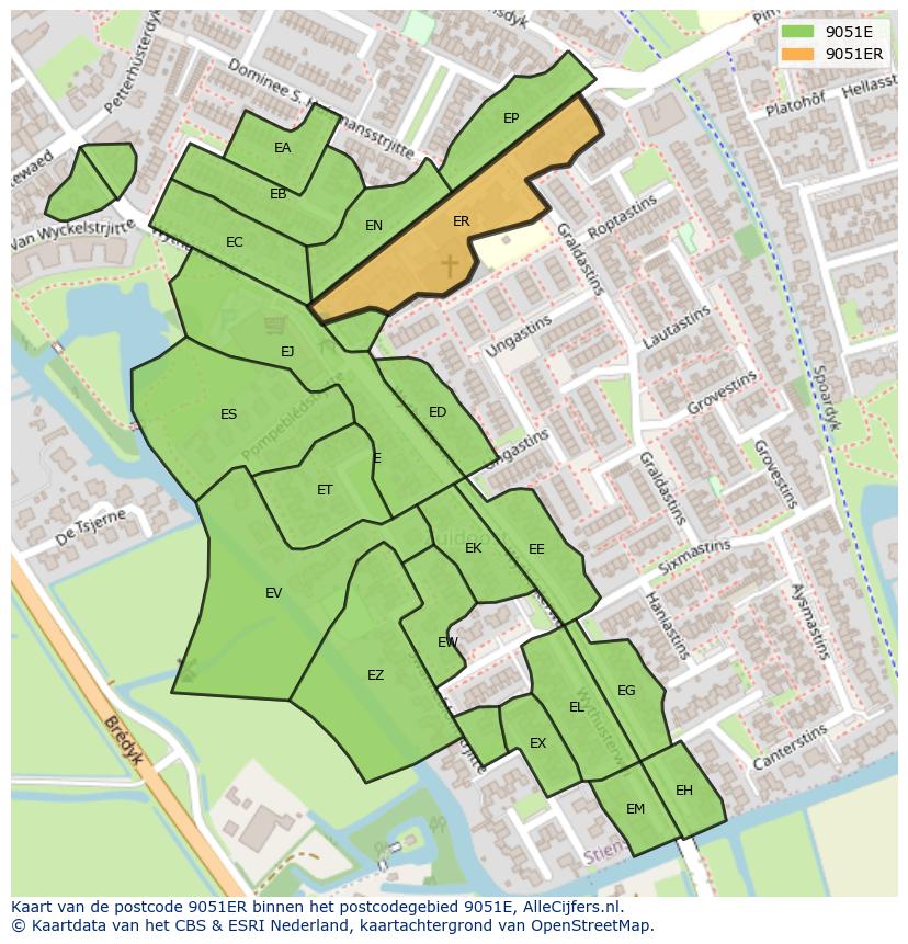 Afbeelding van het postcodegebied 9051 ER op de kaart.