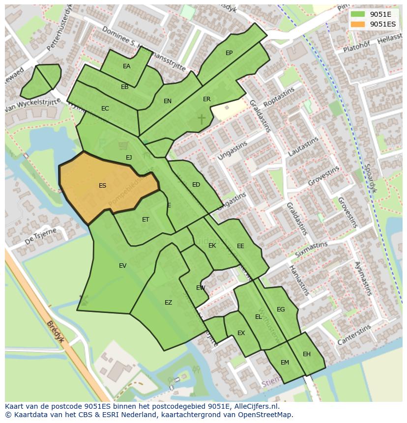 Afbeelding van het postcodegebied 9051 ES op de kaart.