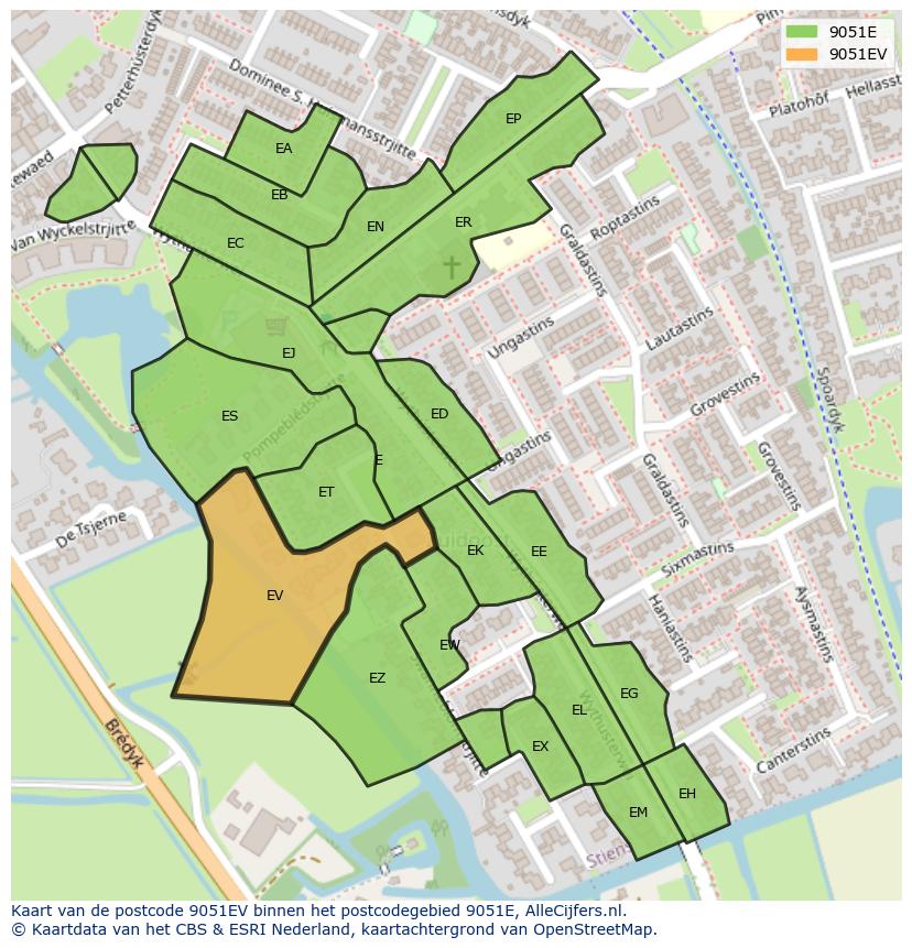 Afbeelding van het postcodegebied 9051 EV op de kaart.