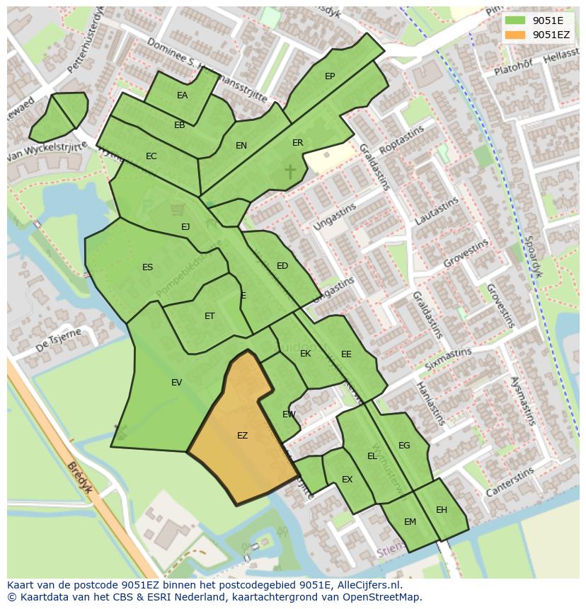 Afbeelding van het postcodegebied 9051 EZ op de kaart.