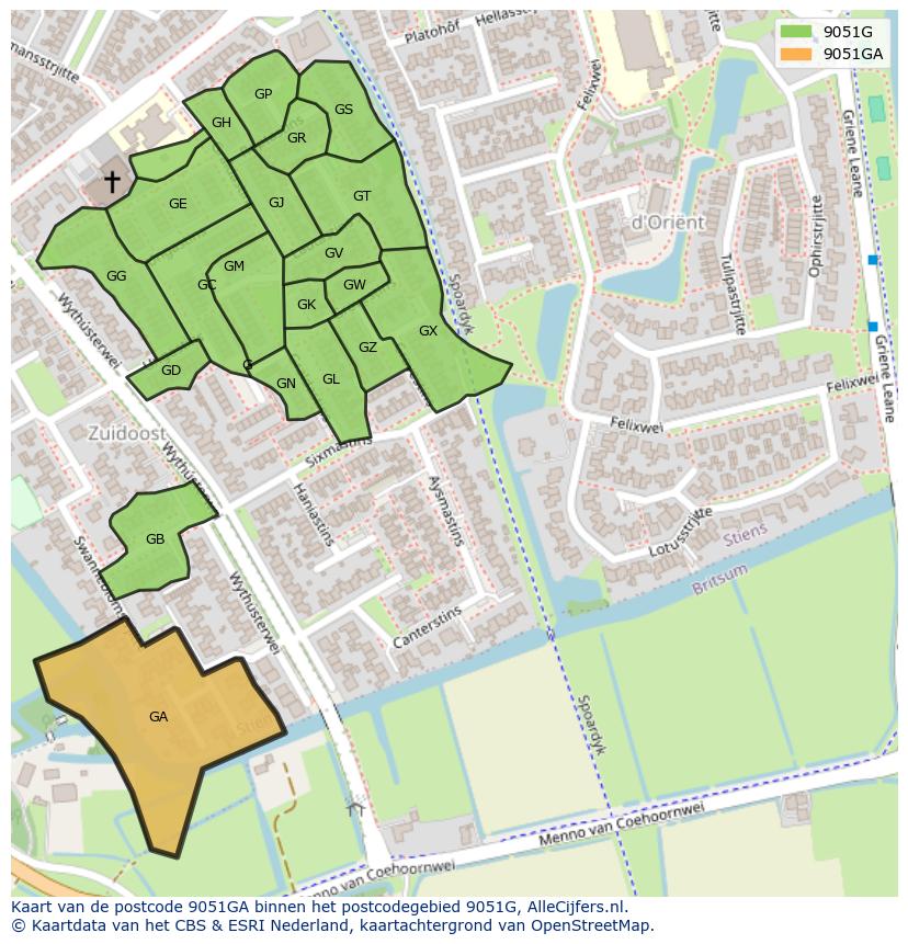 Afbeelding van het postcodegebied 9051 GA op de kaart.