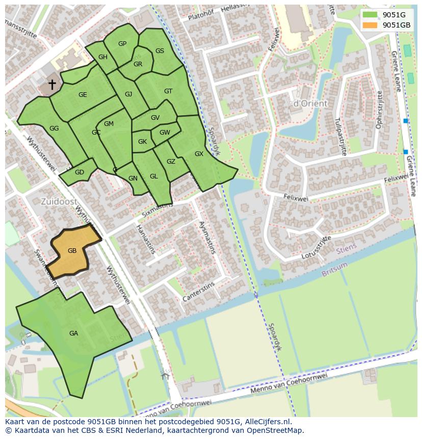 Afbeelding van het postcodegebied 9051 GB op de kaart.