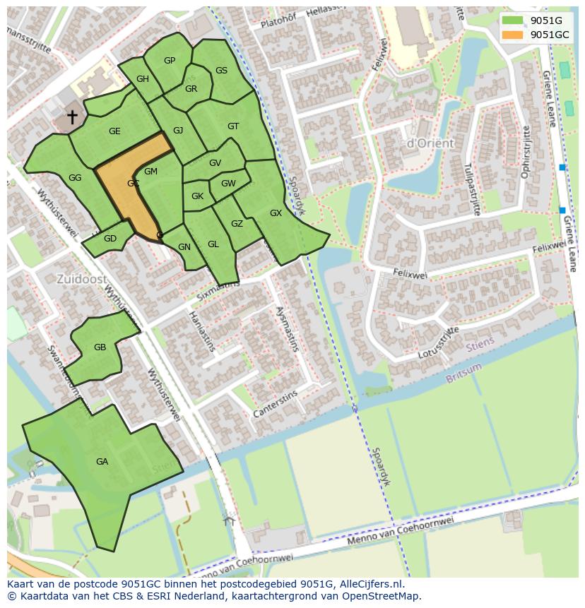 Afbeelding van het postcodegebied 9051 GC op de kaart.
