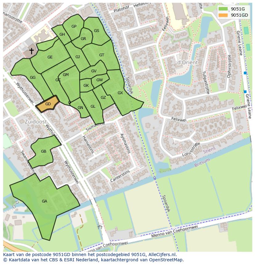 Afbeelding van het postcodegebied 9051 GD op de kaart.