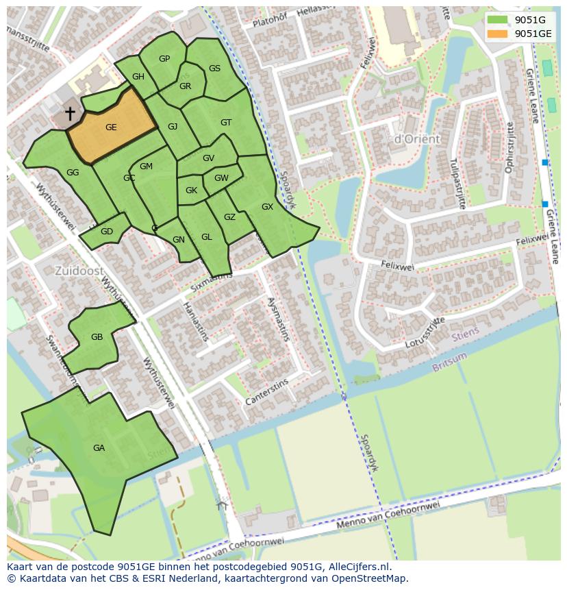 Afbeelding van het postcodegebied 9051 GE op de kaart.