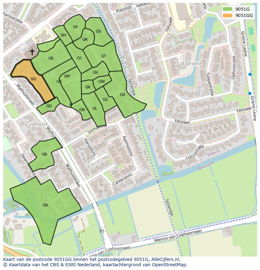 Afbeelding van het postcodegebied 9051 GG op de kaart.
