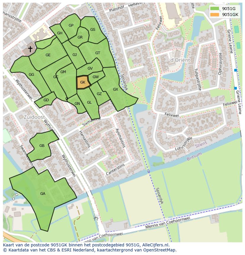 Afbeelding van het postcodegebied 9051 GK op de kaart.
