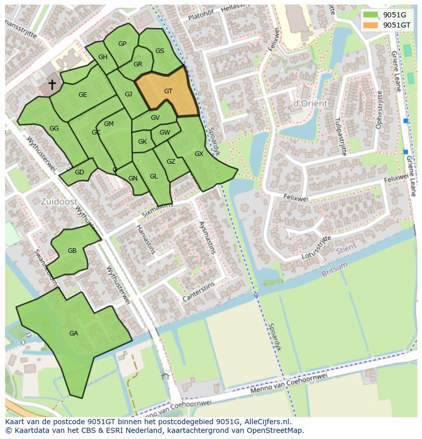 Afbeelding van het postcodegebied 9051 GT op de kaart.