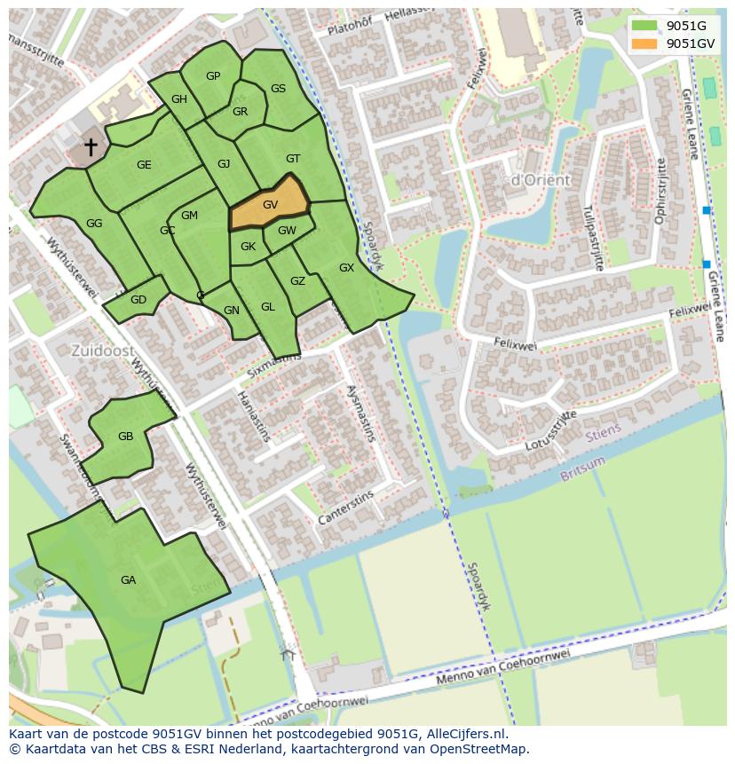 Afbeelding van het postcodegebied 9051 GV op de kaart.