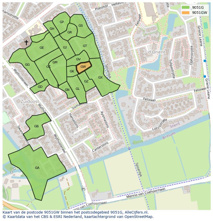 Afbeelding van het postcodegebied 9051 GW op de kaart.